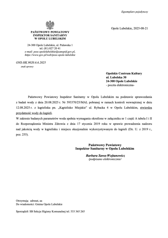 ocena jakości wody w kąpielisku w Opolu Lubelskim