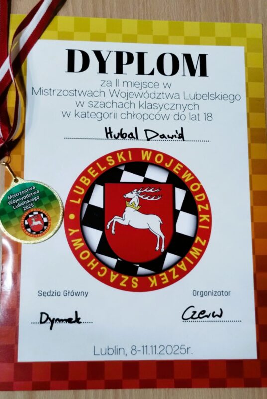 Dawid Hubal, wicemistrzem województwa w szachach. - dyplom